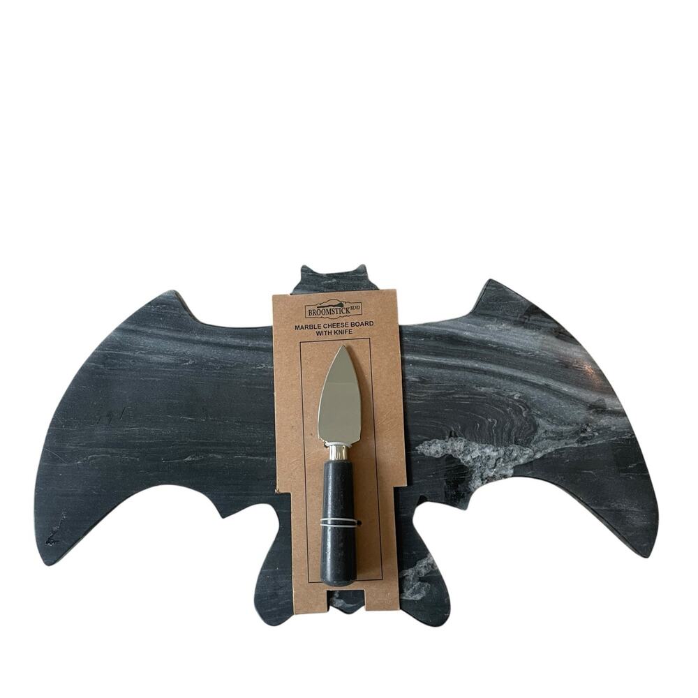 Black Bat Marble Cheese Board with Knife 17x10 Spooky Halloween Hosting NEW